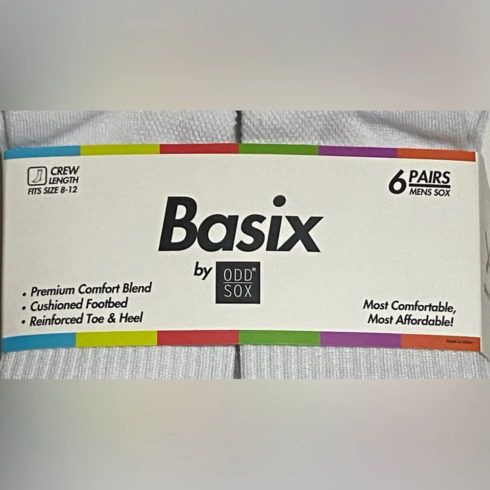 BASIX BY ODD SOX athletic Cushioned Crew Socks 6 Pairs tall white Black X logo
